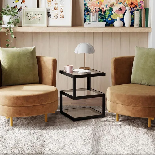 Miniatura 9 de Mesa auxiliar de vidrio Permory, mesa lateral de 3 niveles con tira de LED, mesa de diseño único en forma de S para sala de estar y dormitorio