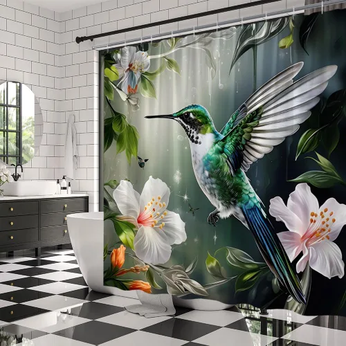 Miniatura 3 de Cortina de ducha de flores de colibrí, acuarela, hojas verdes, pájaros, jardín, naturaleza, paisaje, cortinas de decoración de baño con ganchos, 35