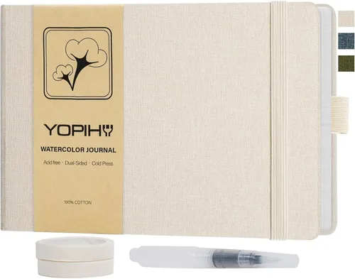 Miniatura 11 de Yopih Artists - Cuaderno de bocetos de acuarela de lino premium, cuaderno de acuarela de 5.5" x 5.5" con papel de algodón de prensa en frío de Beige