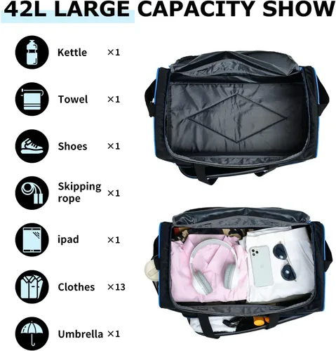 Miniatura 3 de Uarition Bolsa de gimnasio para hombre, 21 pulgadas, grande, para viajes y deportes, AzulNegro, Bolsa de gimnasio para hombre