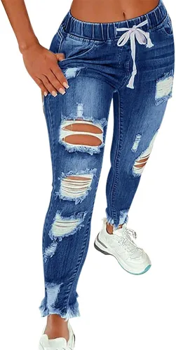 KUNMI Pantalones vaqueros rasgados elásticos de cintura alta para mujer, pantalones de mezclilla destruidos en tallas grandes