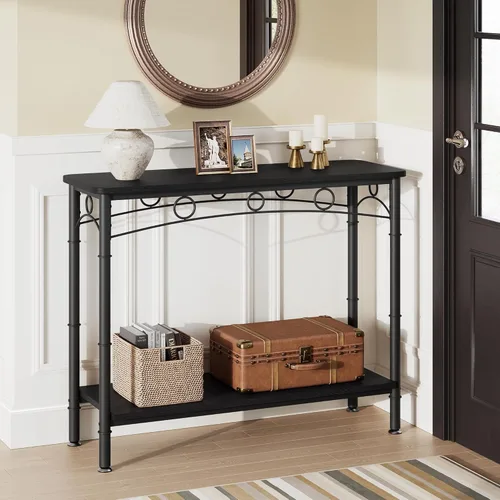 IDEALHOUSE Nueva mesa consola 2024: mesa de sofá retro con almacenamiento, mesa de entrada de 2 niveles con MDF y metal, diseño elegante para sala