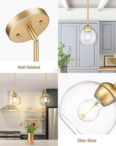 Miniatura 4 de Emak Luces colgantes modernas de globo de 7 pulgadas, lámparas colgantes industriales doradas, luces colgantes de 1 luz con pantalla de vidrio Oro