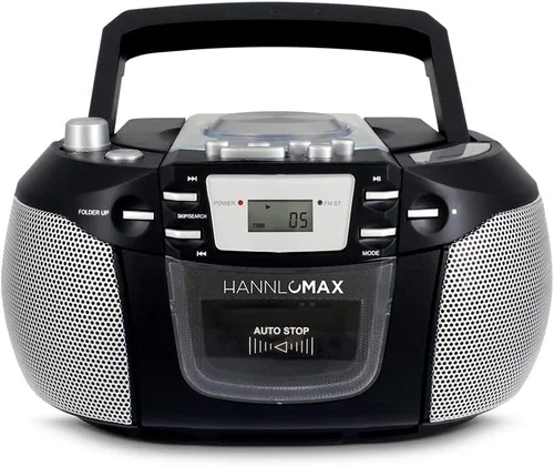 HANNLOMAX HX-301CD CD/MP3 Boombox, radio AM/FM, grabadora de cassette, grabaciones de CD o radio, conector para auriculares, pantalla LCD, fuente de