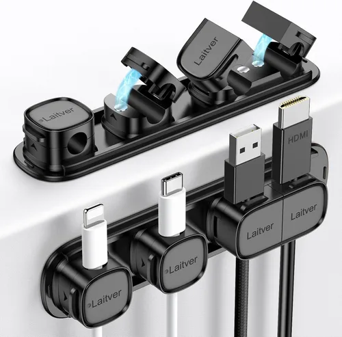 Paquete de 6 clips magnéticos para cables [apertura/bloqueo en 1s], organizador y sujetador de cables Laitver con adhesivo fuerte para escritorio -