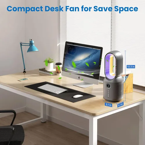 Miniatura 9 de Desk Fan,13 Inch Portable Bladeless Fan, Small Quiet Office Fan with 106° Oscillating, 3 Speeds & Night light, LED Display, Button Control, Personal