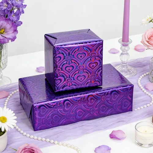 Miniatura 8 de Homeral Rollo de papel de regalo holográfico morado, patrón de corazón iridiscente brillante para el día de San Valentín, cumpleaños, día