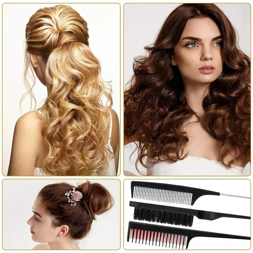 Miniatura 6 de Patelai Juego de 3 peines para peinar el cabello para mujer, cepillo para burlas/esponjoso, peine de cola de rata y peine triple (negro)