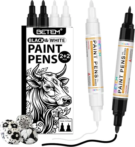 Betem 4 rotuladores de pintura a base de aceite de doble punta (0.028 in y 0.118 in), marcador permanente blanco negro, impermeable, secado rápido,