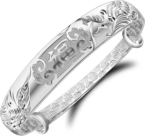 Pulsera ajustable tallada de plata de ley 999 maciza con dragón chino fénix tallada para mujer, 0.51 onzas de peso para mujeres, mujeres y ancianos,