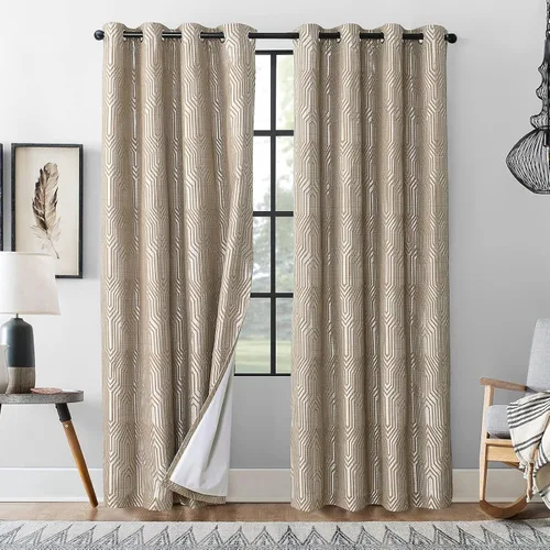 Miniatura 16 de Cortinas de patrón geométrico jacquard 100% opacas beige y plateado, 2 paneles de 52 pulgadas de ancho y 63 pulgadas de largo, con aislamiento