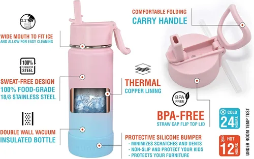 Miniatura 3 de CHILLOUT LIFE - Botella de agua aislada de 17 onzas con tapa con pajilla para niños, a prueba de fugas y bonitas calcomanías impermeables, termo