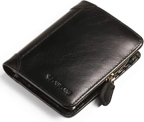 Miniatura 20 de Billetera para hombre con cremallera de cuero genuino RFID tarjeteros de piel de vaca con cremallera bolsillo para monedas, carteras plegables