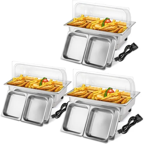 Miniatura 9 de ROVSUN Juego de bufé eléctrico de acero inoxidable de 9 cuartos de galón, NSF con tapa enrollable para catering, calentador de alimentos