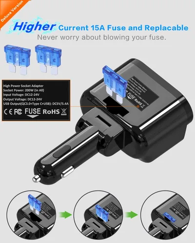 Miniatura 4 de SUPERONE Adaptador de corriente divisor de encendedor de cigarrillos de 200 W, cargador de coche USB C con entrega de potencia de 20 W 3.0 y QC 3.0