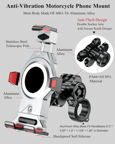 Miniatura 2 de BRCOVAN Soporte de teléfono para motocicleta de aleación de aluminio antirrobo con amortiguador de vibraciones y bloqueo seguro, soporte ajustable