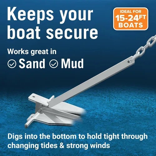 Miniatura 3 de Kit de anclaje para lancha pesada Fluke Anchor con cadena de anclaje y cuerda de anclaje para lancha para incluir anclajes de barco para barcos