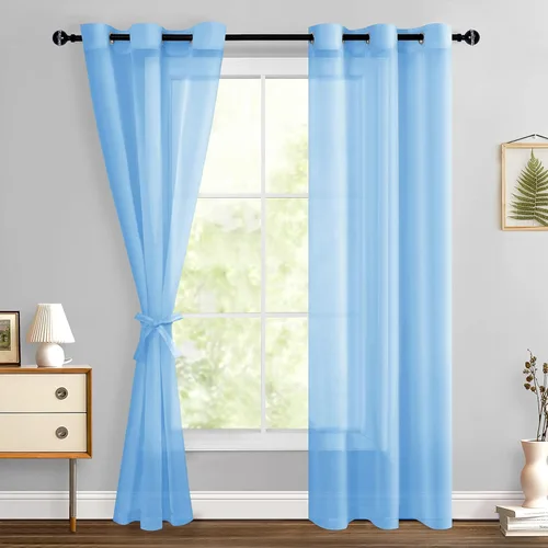 Miniatura 92 de Hiasan - Cortinas traslúcidas de gasa cortas semitransparentes con ojales y alzapaños filtrantes de luz para ventana, dormitorio, baño, 2 paneles