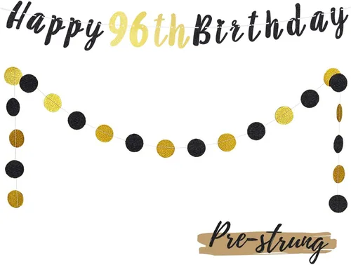 Miniatura 19 de Juego de decoración de cumpleaños número 100 – Cartel de feliz cumpleaños número 100 con puntos circulares de purpurina negra y dorada que saluda a