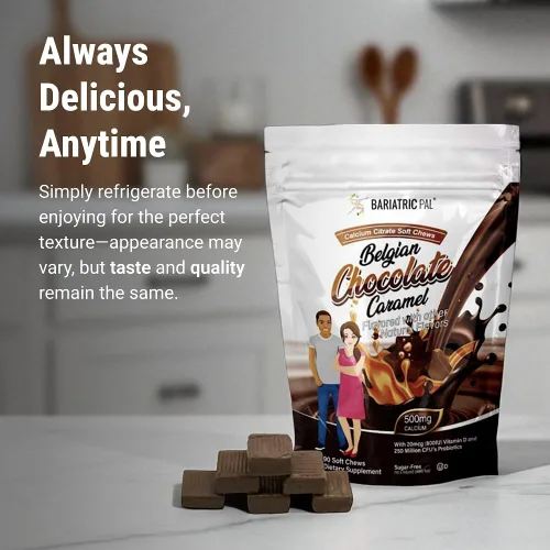 Miniatura 7 de BariatricPal Citrato de calcio sin azúcar, masticables suaves, 500 mg con probióticos (90 unidades) - chocolate belga caramelo