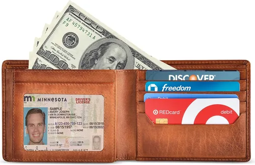 Miniatura 4 de Carteras plegables con bloqueo RFID para hombres con 2 ventanas de identificación cartera de cuero de grano completo de gran capacidad Marrón Rustic