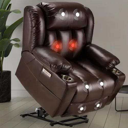 Silla reclinable grande de cuero para personas mayores con función de masaje y calefacción, silla convertible Lazy Boy con portavasos, puertos USB,