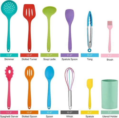 Miniatura 2 de LIANYU Utensilios de cocina de silicona de 12 piezas con soporte, juego de herramientas de cocina incluye espátula ranurada, cuchara, cucharón