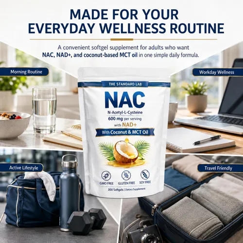 Miniatura 6 de The Standard Lab NAC 600mg con complejo diario NAD+, 300 cápsulas blandas NAC 600mg Per Serving With NAD+ Daily Support, GMO Free, Gluten Free