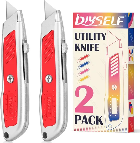 Miniatura 8 de DIYSELF 2 unidades de cuchillo utilitario, cortador de caja retráctil de servicio pesado, mango de aleación de aluminio y goma, cuchillo de afeitar