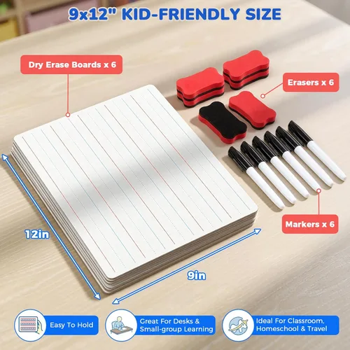 Miniatura 6 de GAMENOTE Paquete de 6 pizarras pequeñas de borrado en seco para niños, 9 x 12 pulgadas, de doble cara y pizarras blancas en blanco con marcadores