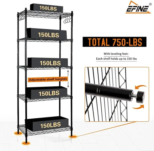 Miniatura 4 de EFINE Paquete de 2 estantes con 5 estantes con 8 ganchos y 5 estantes, certificado NSF, ajustable, capacidad de carga de 150 libras por estante