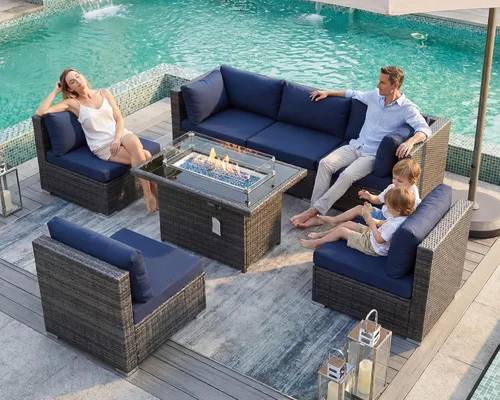 Miniatura 51 de BULEXYARD Juego de 7 piezas de sofá seccional para exteriores con respaldo alto, mesa para fogatas, juego de muebles de patio de mimbre resistente a