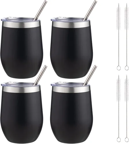 Miniatura 17 de Vaso de vino aislado de 12 onzas con tapa y pajita, vaso de vino de acero inoxidable sin tallo de doble pared, vaso de vino al vacío a granel