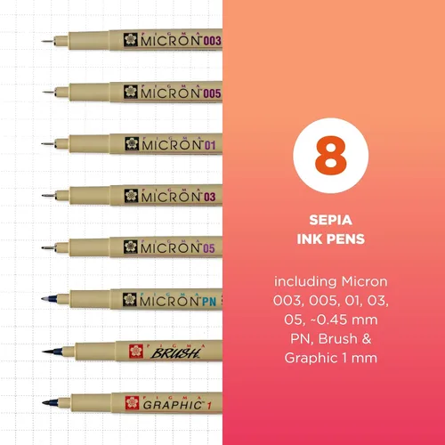 Miniatura 2 de SAKURA 50048 Pigma All Sepia, tamaños de punta variados, juego de 8 bolígrafos de punta fina, 8 unidades, 8 piezas
