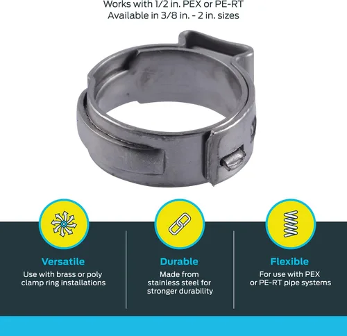 Miniatura 3 de SharkBite - Anillo de abrazadera de 1/2 pulgada, accesorios de fontanería de acero inoxidable, tubo PEX, PE-RT, UC953A