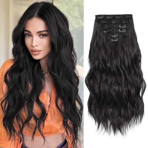 Miniatura 16 de Extensiones de cabello con clip para mujer, negro natural con reflejos marrones, 20 pulgadas, 6 piezas, extensiones de cabello largo, ondulado