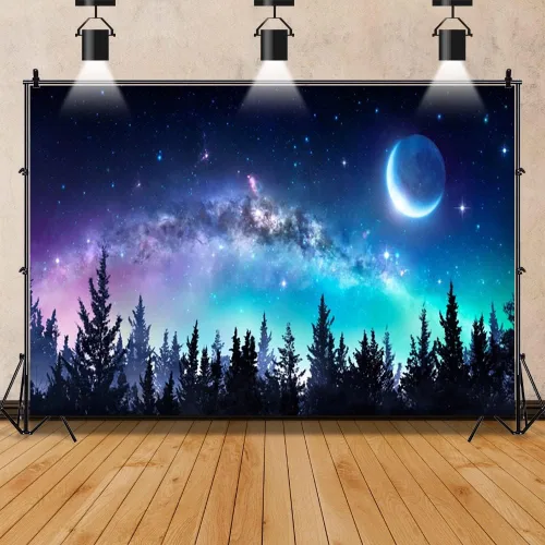 Miniatura 3 de AOFOTO Telón de fondo de bosque de cielo nocturno de 5 x 3 pies, universo, nebulosa, galaxia, cielo estrellado, fondo para fotos, luces coloridas