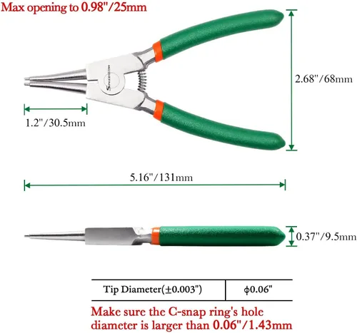 Miniatura 6 de SPEEDWOX Alicates de clip de 5 pulgadas, diámetro de punta de 0.06 pulgadas, alicates de anillo de presión externos, alicates de anillo de retención