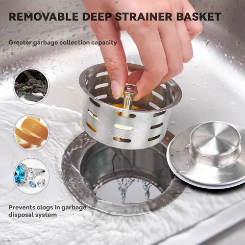 Miniatura 4 de KONE Brida extendida de eliminación de basura con colador y tapón, brida de fregadero extendida de acero inoxidable 304 profundo para drenaje