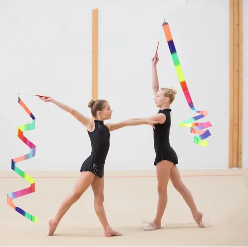 Miniatura 5 de 2 varitas de cinta para danza de arcoíris para niños, 78.74 pulgadas de cinta rítmica de gimnasia con varilla, cinta de arcoíris suave para danza