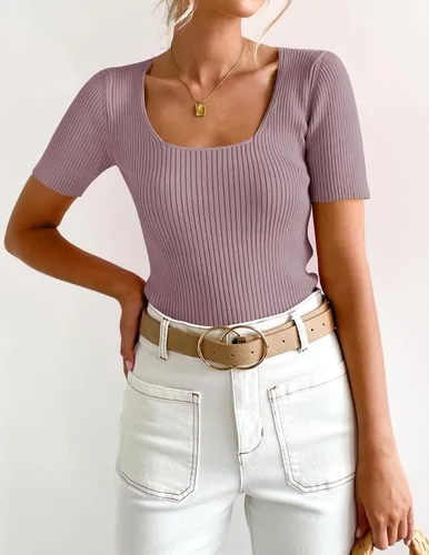 Miniatura 9 de ZESICA Women's 2024 Short Sleeve Square Neck T Shirts Slim Fitted Summer Ribbed Knit Basic Casual Tee Tops