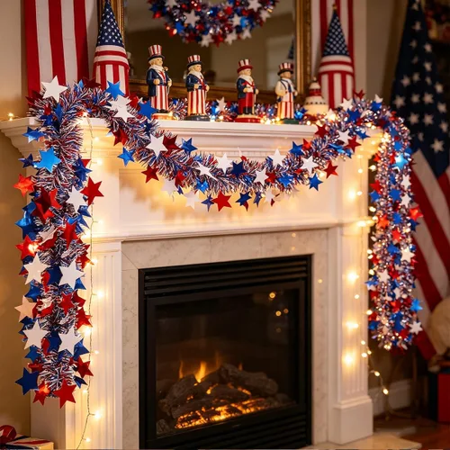 Miniatura 6 de 4th of July Red White Blue Star Tinsel Garland - 33 Ft Memorial Day Patriotic Decoration Independence Day Metallic Tree Fine Filament Garland