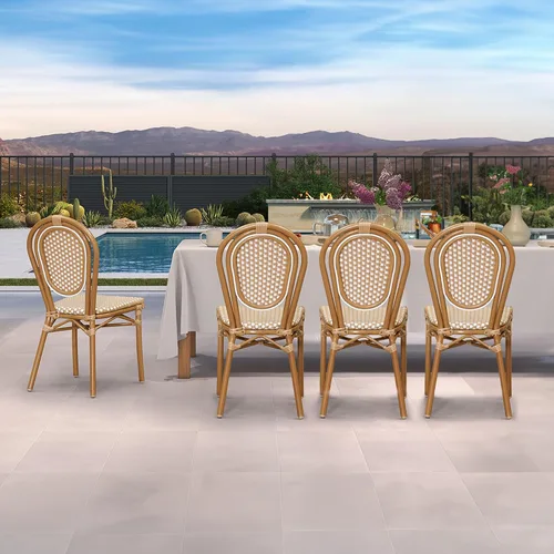 Miniatura 39 de PURPLE LEAF Juego de 1 silla de comedor al aire libre, marco de aluminio francés en acabado de bambú con ratán tejido ámbar y blanco para cocina