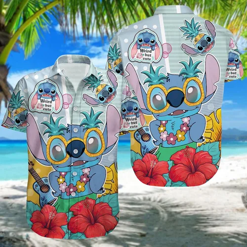 Miniatura 2 de HUNTFAMI Camisa hawaiana de película, linda camisa casual con botones de alienígena espacial, manga corta con botones, camisa tropical.