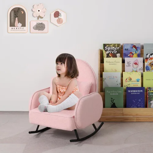 Miniatura 2 de Mecedora para bebé, silla para niños, sofá para niños, pie de metal tembloroso y tela sherpa, sillón mecedor para niños y niñas (rosa)
