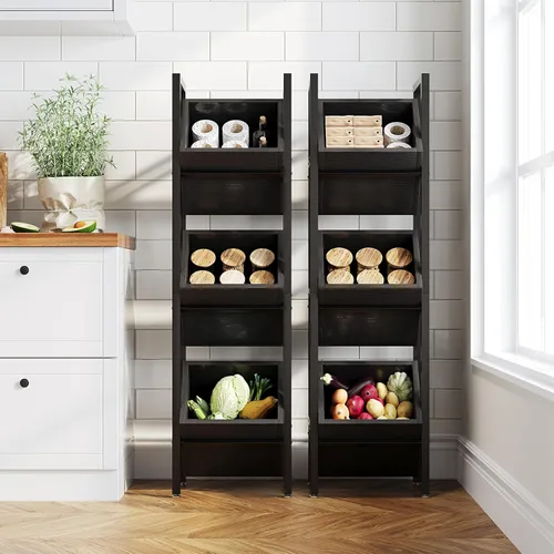 Miniatura 4 de LITTLE TREE Soporte de cesta de 3 niveles, estante de madera para piso, organizador rústico de pie, estante de almacenamiento para cocina, baño