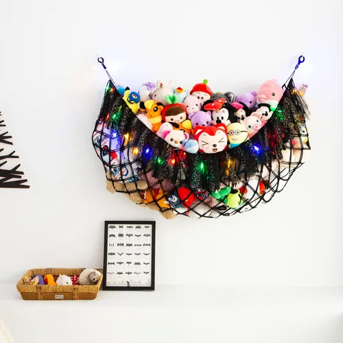 Miniatura 7 de Hamaca grande de animales de peluche con luz montada en la pared, hamaca Squishmallow de peluches, organizador de juguetes, hamaca de macramé