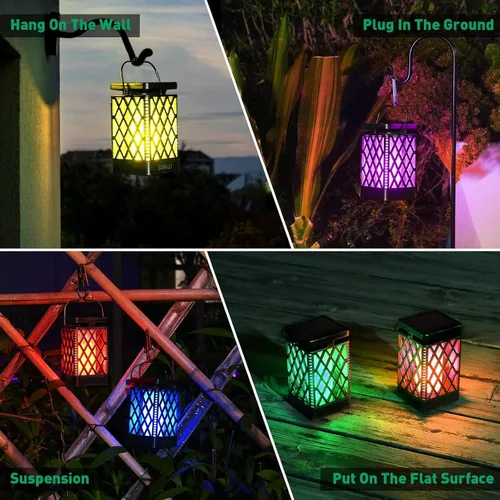 Miniatura 6 de Faroles solares colgantes que cambian de color y fijas, 9 modos, impermeables, luces colgantes para exteriores, llama parpadeante, linternas