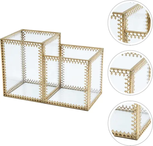 Miniatura 9 de ULTECHNOVO Two-compartment Glass Makeup Brush Holder Cosmetic Storage Organizer with Lace Design for Vanity Desk and Jewelry Display
