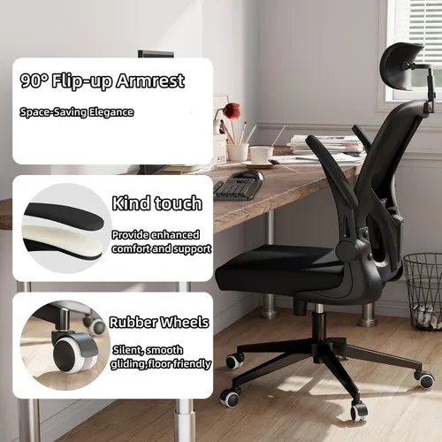 Miniatura 5 de Silla de oficina ergonómica, silla de escritorio de malla con respaldo alto para computadora con altura ajustable, soporte lumbar, reposabrazos